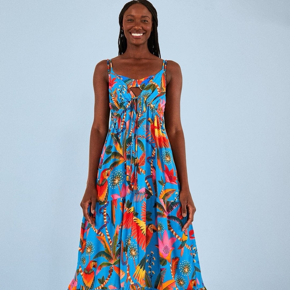 FARM RIO Blue Macaw Party Cover Up - Tropical Blue Floral Maxi Dress